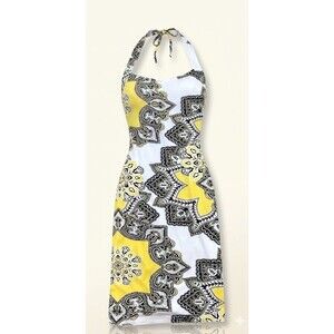 Womens Vtg Y2K Cache Dress Sexy Cocktail Halter Dress Size 2 Yellow Paisley